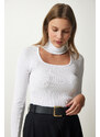 Happiness İstanbul Women's White Cut Out Detailed Turtleneck Ribbed Knitted Blouse