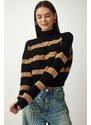 Happiness İstanbul Women's Black Biscuit Stand-Up Collar Striped Knitwear Sweater