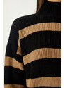 Happiness İstanbul Women's Black Biscuit Stand-Up Collar Striped Knitwear Sweater
