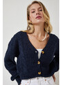 Happiness İstanbul Women's Navy Blue Motif Buttoned Crop Knitwear Cardigan