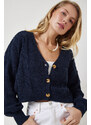 Happiness İstanbul Women's Navy Blue Motif Buttoned Crop Knitwear Cardigan