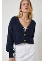 Happiness İstanbul Women's Navy Blue Motif Buttoned Crop Knitwear Cardigan