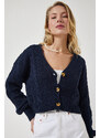 Happiness İstanbul Women's Navy Blue Motif Buttoned Crop Knitwear Cardigan