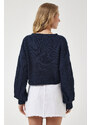 Happiness İstanbul Women's Navy Blue Motif Buttoned Crop Knitwear Cardigan