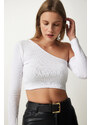 Happiness İstanbul Women's White Single Sleeve Ribbed Crop Knitted Blouse