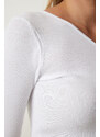 Happiness İstanbul Women's White Single Sleeve Ribbed Crop Knitted Blouse