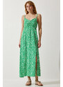 Happiness İstanbul Women's Green Strap Patterned Viscose Dress