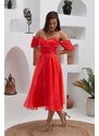 Carmen Coral Low Sleeve Organza Engagement Evening Dress