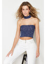 Trendyol Indigo Crop Glittery Yarn Knitwear Blouse