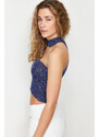 Trendyol Indigo Crop Glittery Yarn Knitwear Blouse