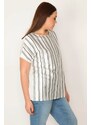 Şans Women's Plus Size Bone Front Striped Satin Fabric Back Viscose Low Sleeve Blouse