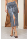 Laluvia Gray Stripe Detailed Slit Fabric Skirt
