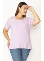 Şans Women's Plus Size Lilac Cotton Fabric V-Neck Short Sleeve Blouse