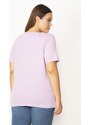 Şans Women's Plus Size Lilac Cotton Fabric V-Neck Short Sleeve Blouse