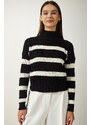 Happiness İstanbul Women's Black High Neck Striped Knitwear Sweater