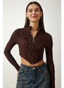 Happiness İstanbul Women's Brown Zipper Turtleneck Crop Knitted Blouse