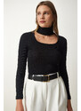 Happiness İstanbul Women's Black Cut Out Detailed Turtleneck Corded Knitted Blouse