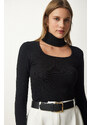 Happiness İstanbul Women's Black Cut Out Detailed Turtleneck Corded Knitted Blouse