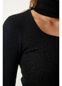 Happiness İstanbul Women's Black Cut Out Detailed Turtleneck Corded Knitted Blouse