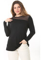 Şans Women's Plus Size Black Front And Back Tulle Detail Long Sleeve Blouse