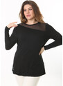 Şans Women's Plus Size Black Front And Back Tulle Detail Long Sleeve Blouse