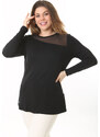 Şans Women's Plus Size Black Front And Back Tulle Detail Long Sleeve Blouse