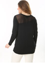 Şans Women's Plus Size Black Front And Back Tulle Detail Long Sleeve Blouse