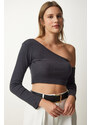 Happiness İstanbul Women's Anthracite Single Sleeve Ribbed Crop Knitted Blouse