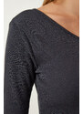 Happiness İstanbul Women's Anthracite Single Sleeve Ribbed Crop Knitted Blouse