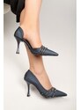 Shoeberry Women's Aern Navy Blue Satin with Stones Heeled Shoes Stiletto