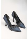 Shoeberry Women's Aern Navy Blue Satin with Stones Heeled Shoes Stiletto