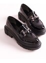 Shoeberry Women's Rex Black Patent Leather Thick Sole Buckled Loafers Black Patent Leather.