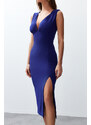 Trendyol Saxe Blue V-Neck Gathered Slit Stretchy Fitted Knitted Midi Dress