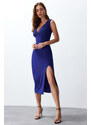 Trendyol Saxe Blue V-Neck Gathered Slit Stretchy Fitted Knitted Midi Dress