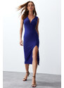 Trendyol Saxe Blue V-Neck Gathered Slit Stretchy Fitted Knitted Midi Dress