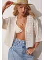 Happiness İstanbul Women's Bone Openwork Summer Knitwear Cardigan