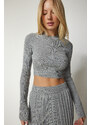 Happiness İstanbul Women's Gray Ribbed Knitwear Crop Skirt Suit