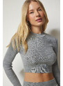 Happiness İstanbul Women's Gray Ribbed Knitwear Crop Skirt Suit