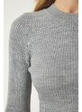 Happiness İstanbul Women's Gray Ribbed Knitwear Crop Skirt Suit