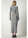 Happiness İstanbul Women's Gray Ribbed Knitwear Crop Skirt Suit