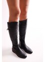 Shoeberry Women's Meroni Black Buckle Boots with Black Skin.