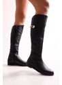 Shoeberry Women's Meroni Black Buckle Boots with Black Skin.