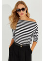 Cool & Sexy Women's Black and White Boat Neck Striped Blouse