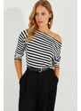 Cool & Sexy Women's Black and White Boat Neck Striped Blouse