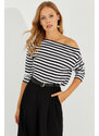 Cool & Sexy Women's Black and White Boat Neck Striped Blouse