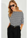 Cool & Sexy Women's Black and White Boat Neck Striped Blouse