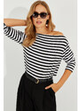 Cool & Sexy Women's Black and White Boat Neck Striped Blouse