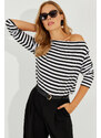 Cool & Sexy Women's Black and White Boat Neck Striped Blouse