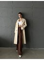 Laluvia Cream Button Detailed Long Trench Coat with a Belt