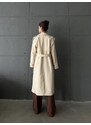 Laluvia Cream Button Detailed Long Trench Coat with a Belt